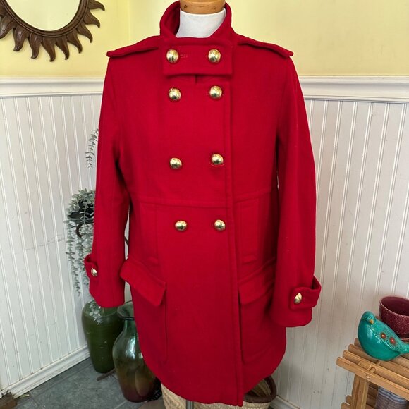 Womens Red Double-Breasted Wool Coat By Via Spiga W/ Gold Buttons Size 14 - Picture 1 of 14